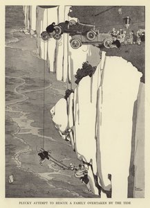 Tentative courageuse de sauver une famille surprise par la marée - William Heath Robinson