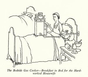 Le réchaud à gaz de chevet, petit-déjeuner au lit pour la ménagère surmenée