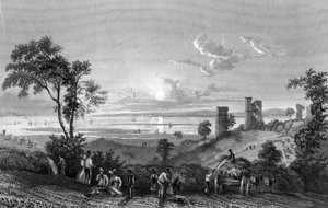 Château de Hadleigh, Essex, vue vers Sheerness, gravé par William Watkins, 1835