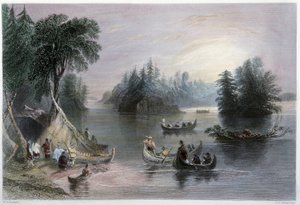 Tipis et canoës indiens, rives du Saint-Laurent - dans « Canadian scenery illustrated » par W.H. Bartlett, Londres