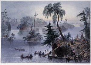 Scène parmi les Mille Îles : Camp et bateaux, Mille Îles - dans "Canadian Scenery Illustrated" par Bartlett W. H. - William Henry Bartlett
