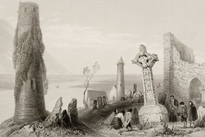 La vieille croix et la tour ronde à Clonmacnois, comté d