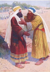 La rencontre de Jacob et Ésaü, de The Bible Picture Book publié par Thomas Nelson, vers 1950