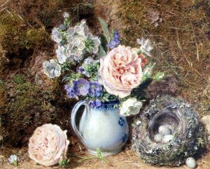 Nature morte de fleurs et nid