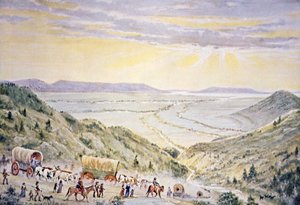 Les Mormons descendant Little Mountain vers Salt Lake City, Utah (lithographie en couleur)