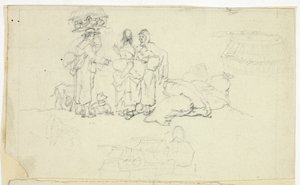 Figures avec des Marchandises et Trois Croquis