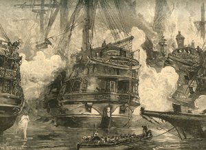Bataille de Navarin : HMS Asia engageant les navires de Capitan Bey et Moharram Bey, 1827