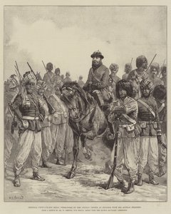 Le général Ghous-ud-din Khan, commandant des troupes afghanes à Penjdeh, avec ses soldats afghans - William Heysham Overend