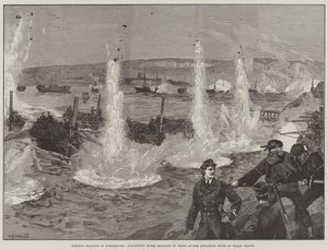 Exercice de torpille à Portsmouth, mines de coton-poudre explosées devant les bateaux attaquants à Whale Island