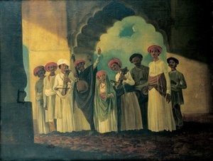 Groupe de musiciens indiens jouant du sarangi, du tambura et des tablas, avec une fille dansant sur une terrasse