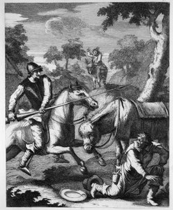 Don Quichotte saisit le bassin de barbe pour le casque de Mambrino - William Hogarth