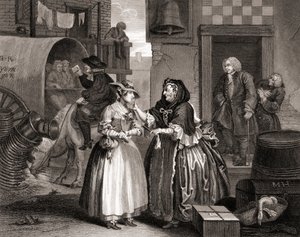 Le Progrès de la prostituée pris au piège par une entremetteuse, des Œuvres de Hogarth publiées à Londres en 1833 (gravure en noir et blanc) - William Hogarth