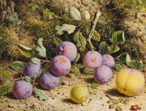 Nature morte avec prunes, une pêche et des cynorrhodons