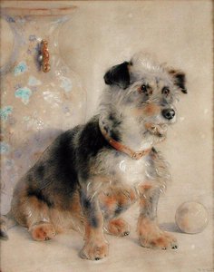 Terrier assis devant un vase Canton Famille Rose