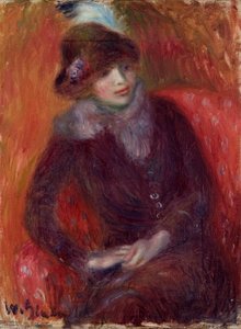 Femme assise avec un col en fourrure et fond rouge - William James Glackens