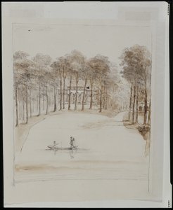 Nichoir à Chiswick; bassin avec un couple en bateau, la femme pêchant - William Kent