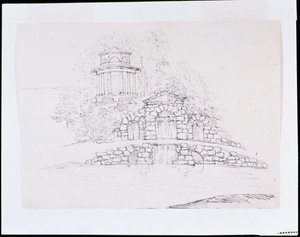 Chiswick, design pour une cascade rocheuse avec un temple dorique octogonal sur la terrasse derrière - William Kent