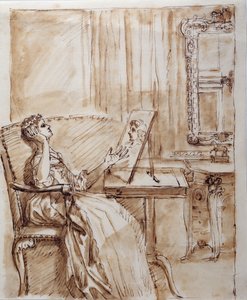 Lady Burlington assise dans sa salle de jardin admirant un dessin de maître ancien (?) (encre sur papier) - William Kent