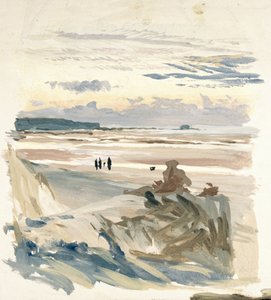 Personnages sur la plage, probablement à Amble (France), avec la silhouette du Fort Vauban à la lumière du crépuscule