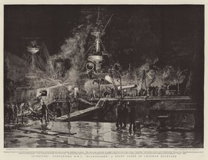 Heures supplémentaires, complétant le HMS Magnificent, une scène nocturne dans le chantier naval de Chatham - William Lionel Wyllie