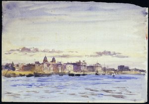 Vue du Royal Naval College, à Greenwich (Angleterre), sur la Tamise, au coucher du soleil, prise de Blackwall (rive opposée)