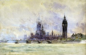 Pont de Westminster, Parlement et Big Ben, à Londres (Angleterre). Aquarelle, fin du 19e, début du 20e siècle, par William Lionel Wyllie (1851-1931).