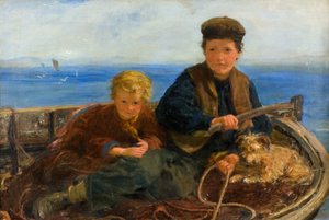 Deux garçons et un chien dans un bateau, c.1871