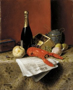 Nature morte avec homard, fruits, champagne et journal, 1882