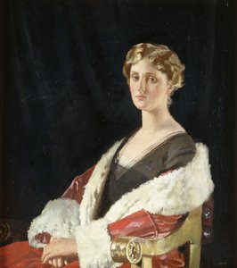 Portrait de Nancy Oswald Smith, assise à mi-longueur, en manteau rouge doublé de fourrure, 1915 - William Orpen