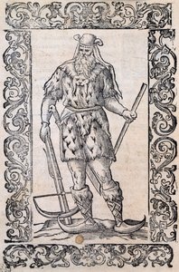 Homme avec robe en fourrure, arbalète et chaussures à bout tordu (exemple de skis rudimentaires), illustration attribuée à Cesare Vecellio (1521-1601), publiée en Italie au XVIe siècle - Nicolas Toussaint Charlet