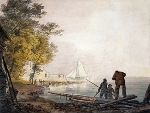 Château de Cowes avec des bateliers sur le rivage
