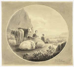 Gardiens de troupeaux, vaches et moutons dans le paysage - William Pether