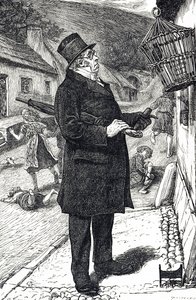 Dessin humoristique représentant un homme en haut-de-forme outré par un étourneau domestique perturbant le sabbat en faisant rire et crier les enfants avec son langage - William Small