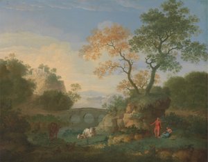 Paysage avec des ruines classiques lointaines, un pont, des personnages et du bétail - William Smith