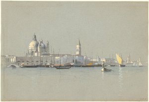 Vue à travers le canal de la Giudecca vers la Salute et le Campanile de San Marco