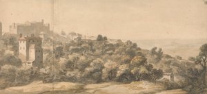 Paysage italien : village sur une colline à gauche, pente vers la droite, avec vallée lointaine au-delà - William Taverner