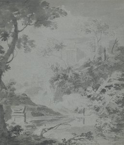 Paysage avec un bâtiment classique lointain et un homme pêchant - William Taverner