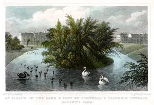 Île sur le lac et partie des terrasses de Cornwall et Clarence, Regents Park, Londres, 1828