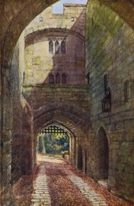 Château de Warwick : Maison de la porte et herse (lithographie en couleur)