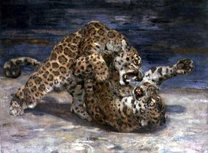 Léopards se battant, vers 1910