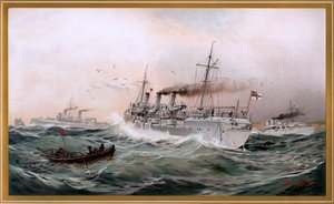 Kaiserliche Marine Greif, Meteor et Jagd espionnent près de Brüsterort, Chromo-Lithographie de Willy Stöwer 1894, nr9 de G. Wislicenus, Unsre Kriegsflotte