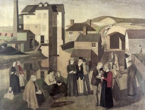 Scène dans une rue de village avec des ouvriers de moulin conversant