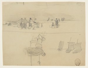 Scène de plage avec des femmes portant des paniers, Cullercoats, Angleterre