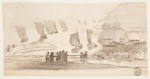 Dessin, scène de plage avec des gens et des bateaux de pêche, Cullercoats, Angleterre, 1881-82 - Winslow Homer