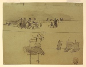 Dessin, scène de plage avec des femmes portant des paniers, Cullercoats, Angleterre, 1881-82 - Winslow Homer