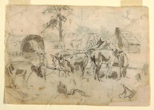 Dessin, mules au repos attachées à des chariots, 1862 - Winslow Homer