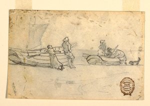 Dessin, Deux bateaux sur la plage avec des personnages, Cullercoats, Angleterre, 1881-82 - Winslow Homer