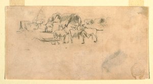 Dessin, train de chariots dans un camp, 1862 - Winslow Homer