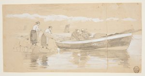Pêcheur et Femmes Rangeant des Filets dans une Barque Échouée, Cullercoats, Angleterre