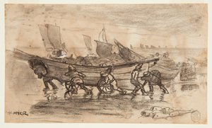 Pêcheurs échouant une doris, Cullercoats, Angleterre - Winslow Homer